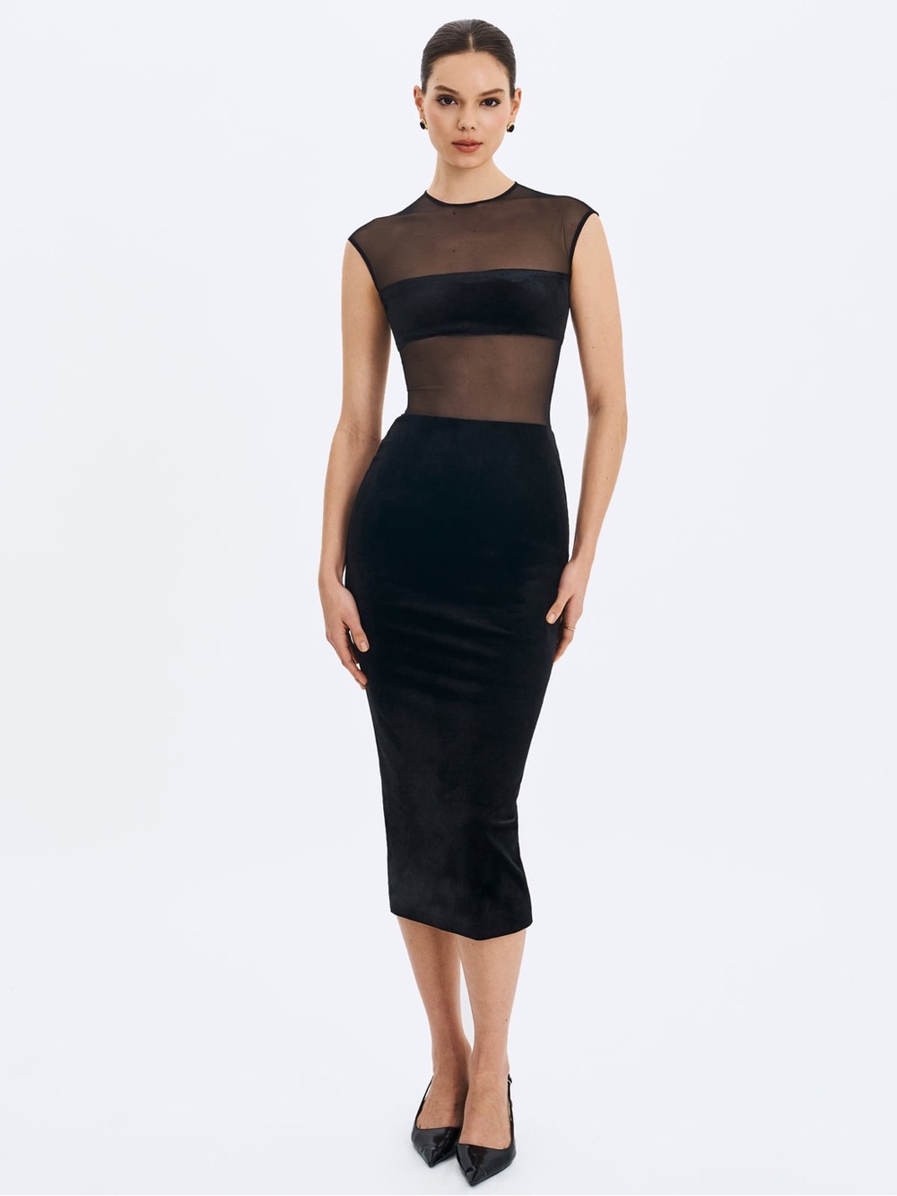 Miss Circle NTW Quielle Mesh and Velvet Midi Bodycon Dress